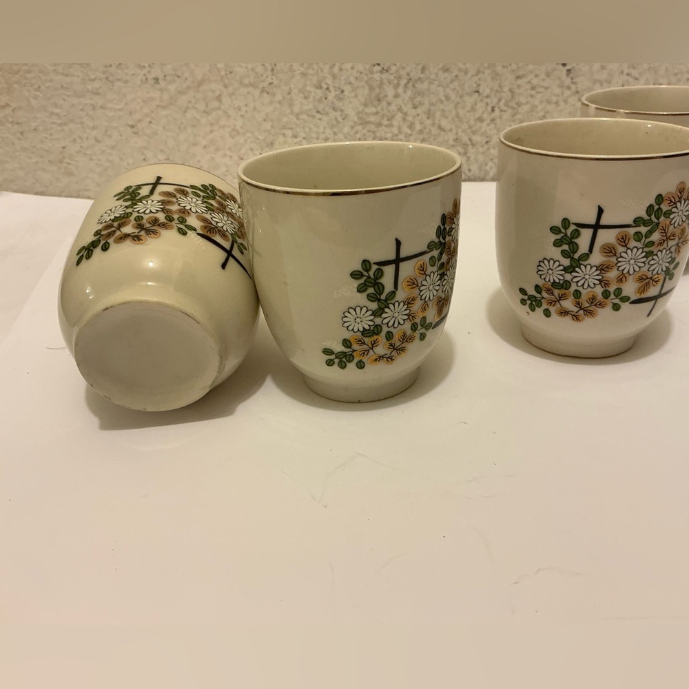Vintage Japanese Tea Saki Set 3 Cups Gold Trim W Flowers CottageCore Bone China